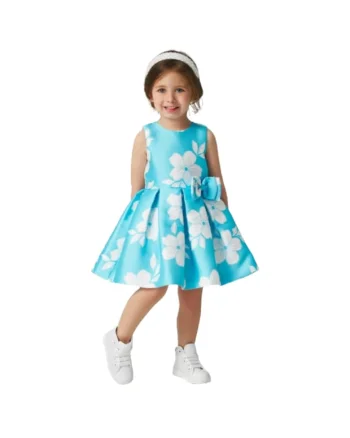 Rochie eleganta, satinata cu imprimeu floral pentru fete, Turcoaz