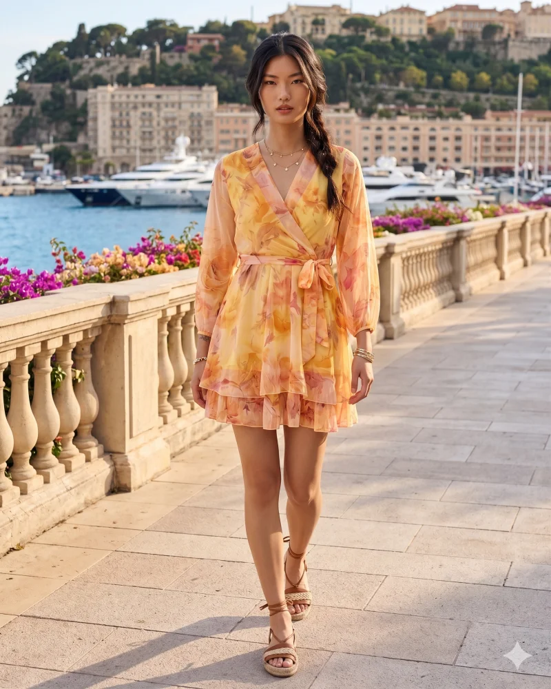 Rochie scurtă din voal cu print floral galben - Unica S-L