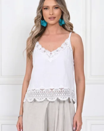 Top din bumbac cu dantela, bretele subtiri, croi lejer, alb