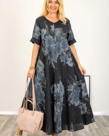 Rochie maxi din in foarte ampla cu imprimeu floral, pe fond negru