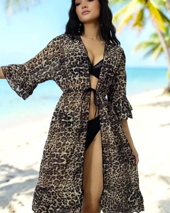 Rochie midi de plaja Amber Print, cu volane feminine si snur reglabil, Leopard print