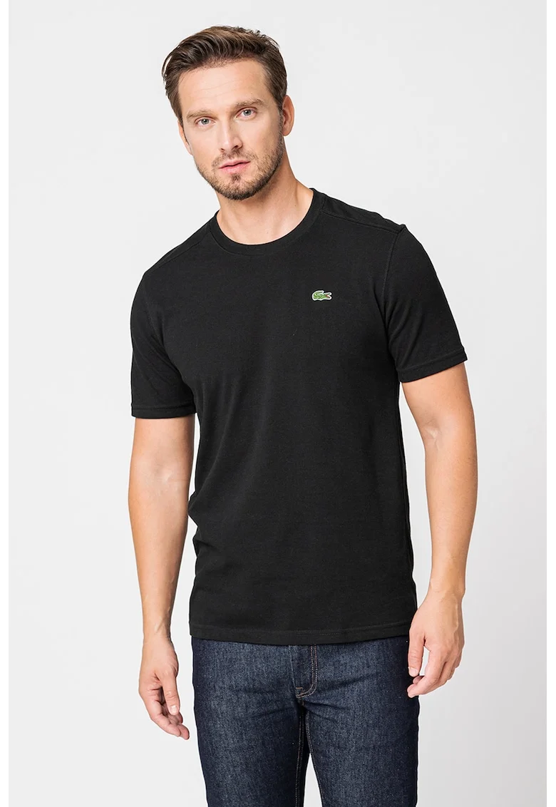 Tricou cu decolteu la baza gatului si aplicatie logo discreta, Negru