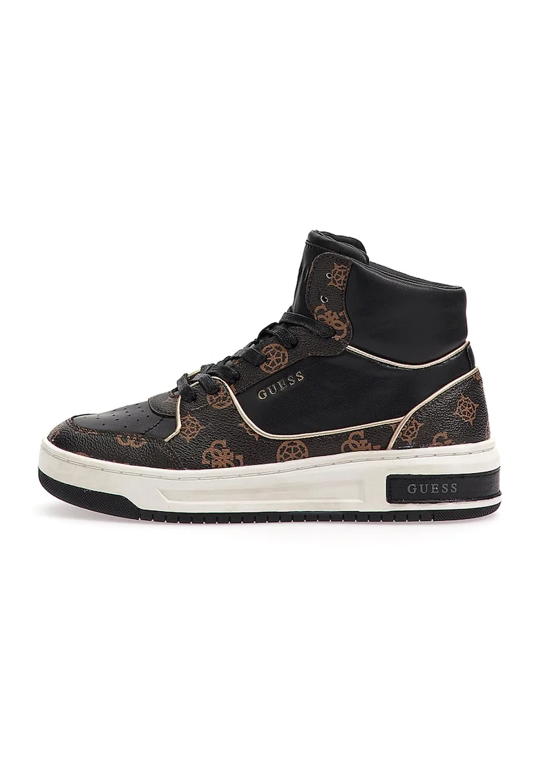 Pantofi sport mid-high de piele ecologica cu segmente logo, Maro inchis/Negru