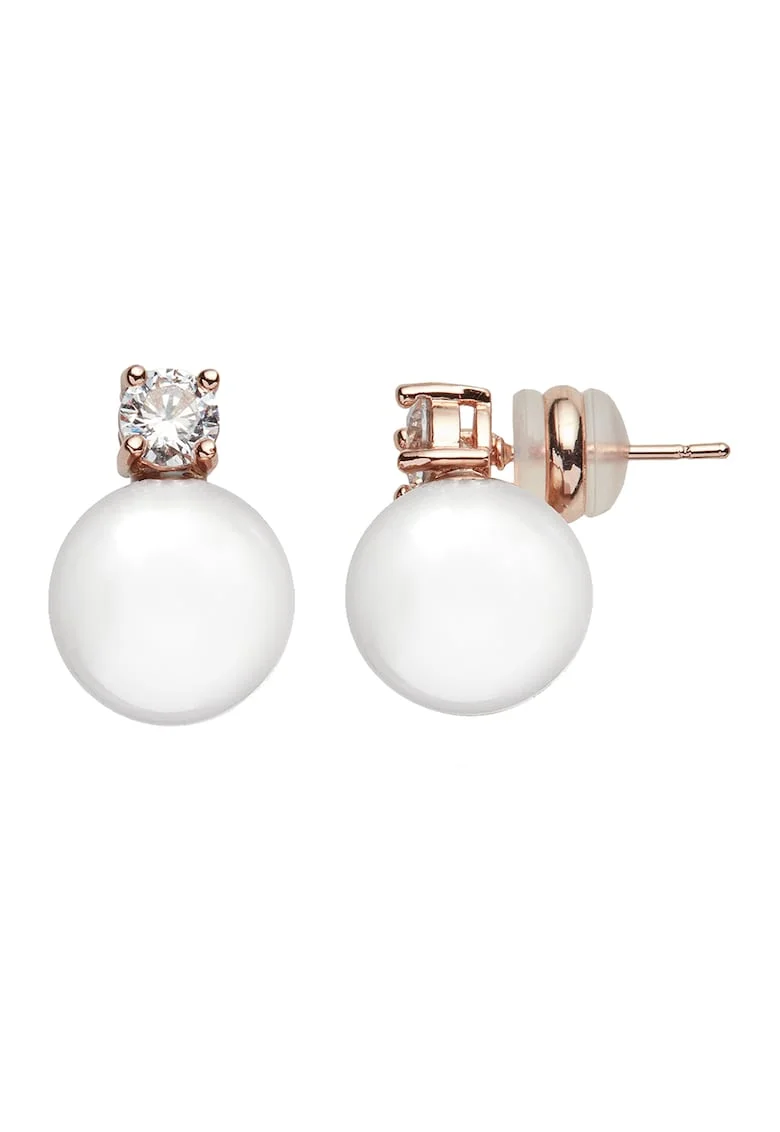 Cercei decorati cu perle de sticla si zirconia, Alb, Auriu, Alb/Auriu rose