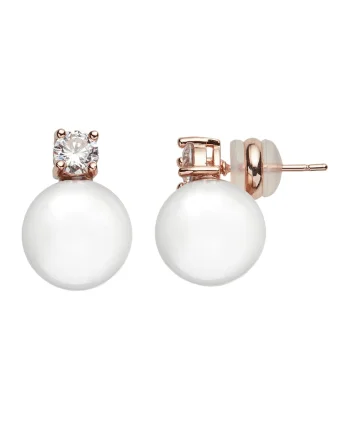 Cercei decorati cu perle de sticla si zirconia, Alb, Auriu, Alb/Auriu rose
