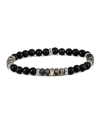 Bratara elastica cu margele din onix, Negru/Gri inchis/Gri cenusa