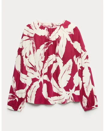 Bluza din amestec de in cu model floral, Alb/Roz