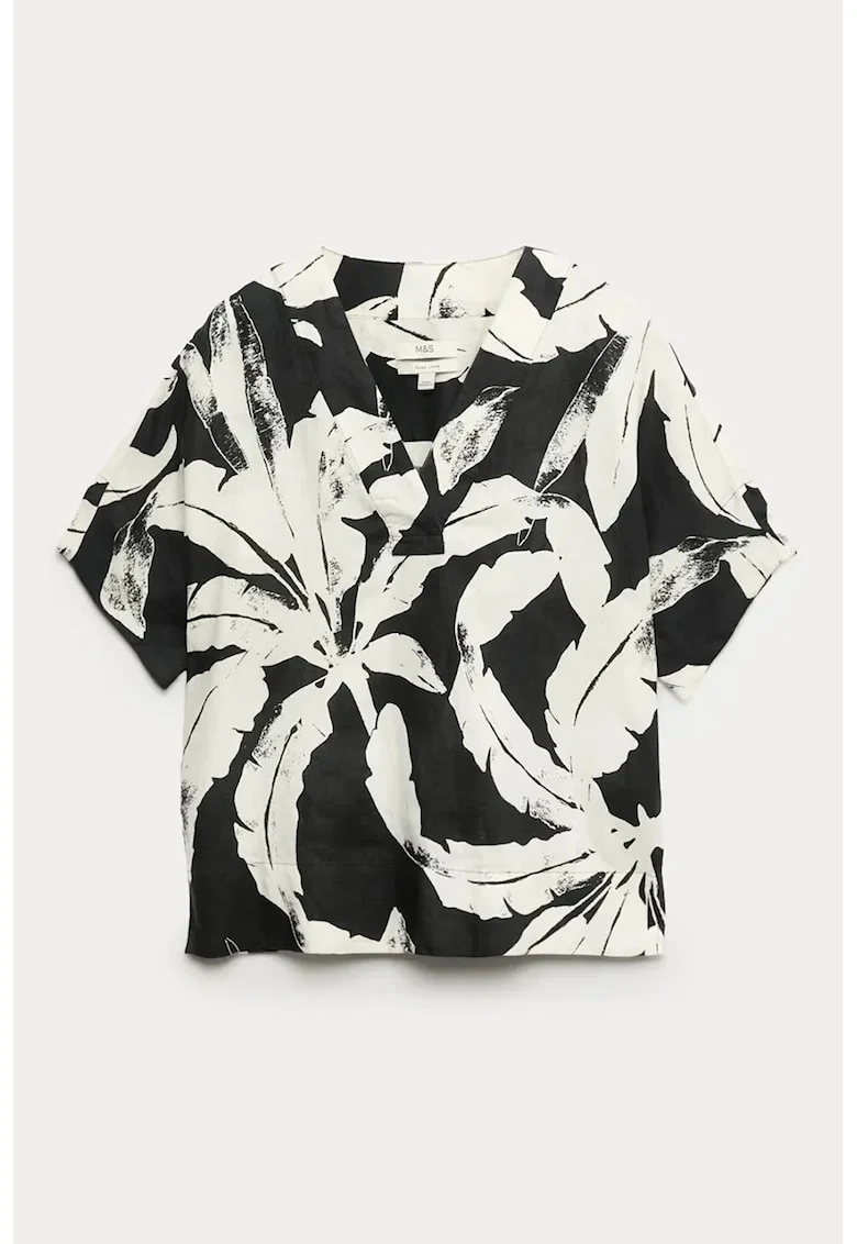 Bluza din in cu maneci scurte si decolteu in V, Negru/Alb murdar