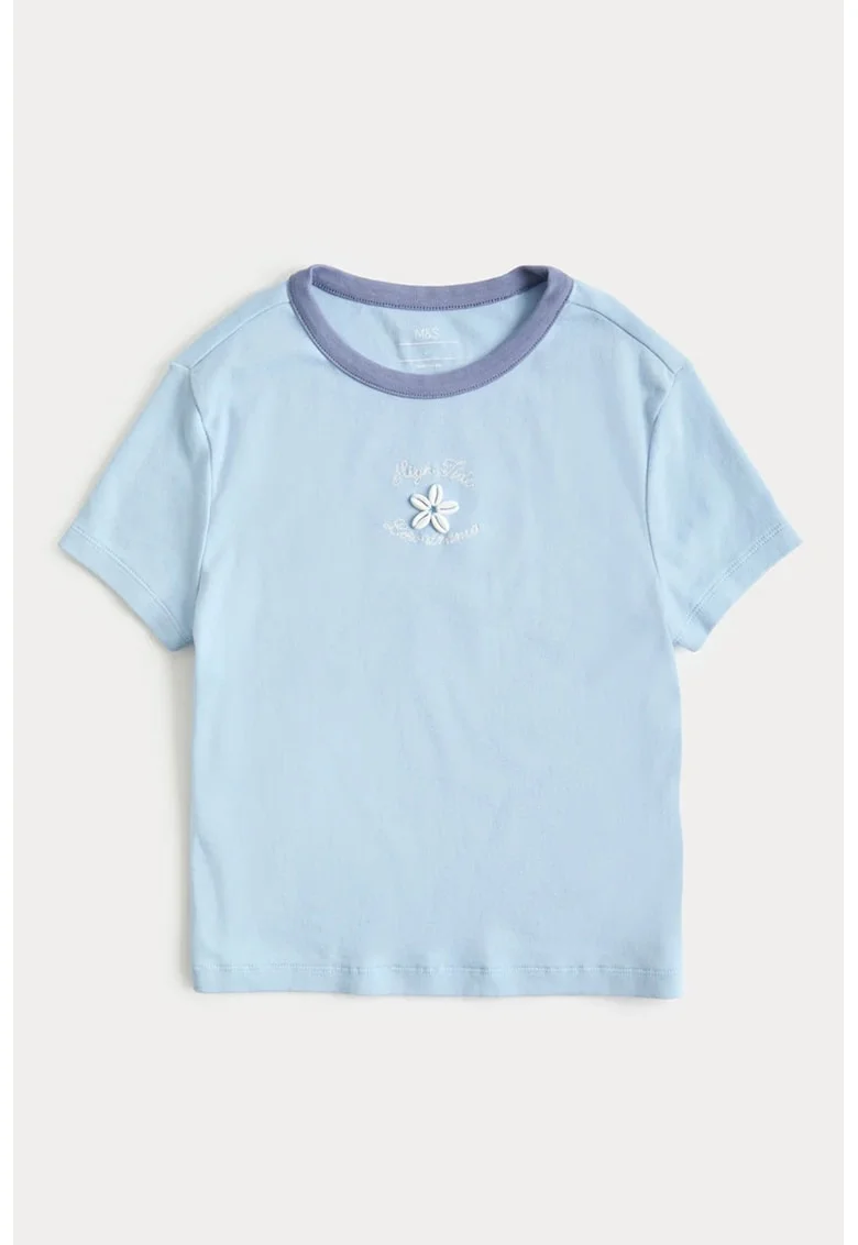 Tricou din bumbac cu aplicatie pe piept, Albastru deschis