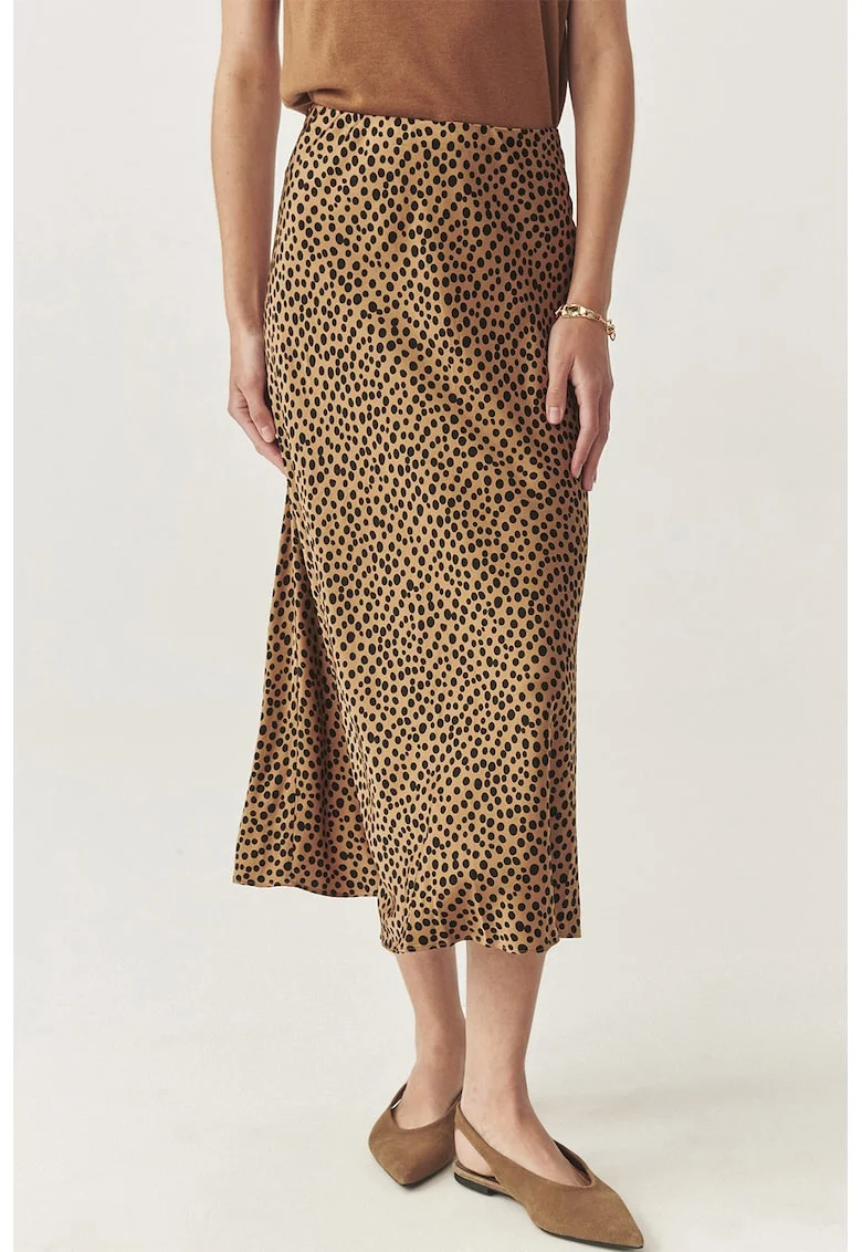 Fusta midi cu croiala pe bie si model buline, Negru/Maro camel