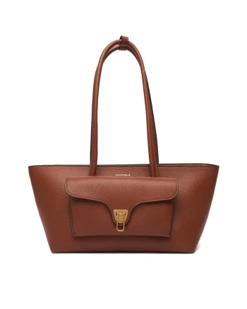 Geanta tote trapezoidala de piele Double Beat, Maro