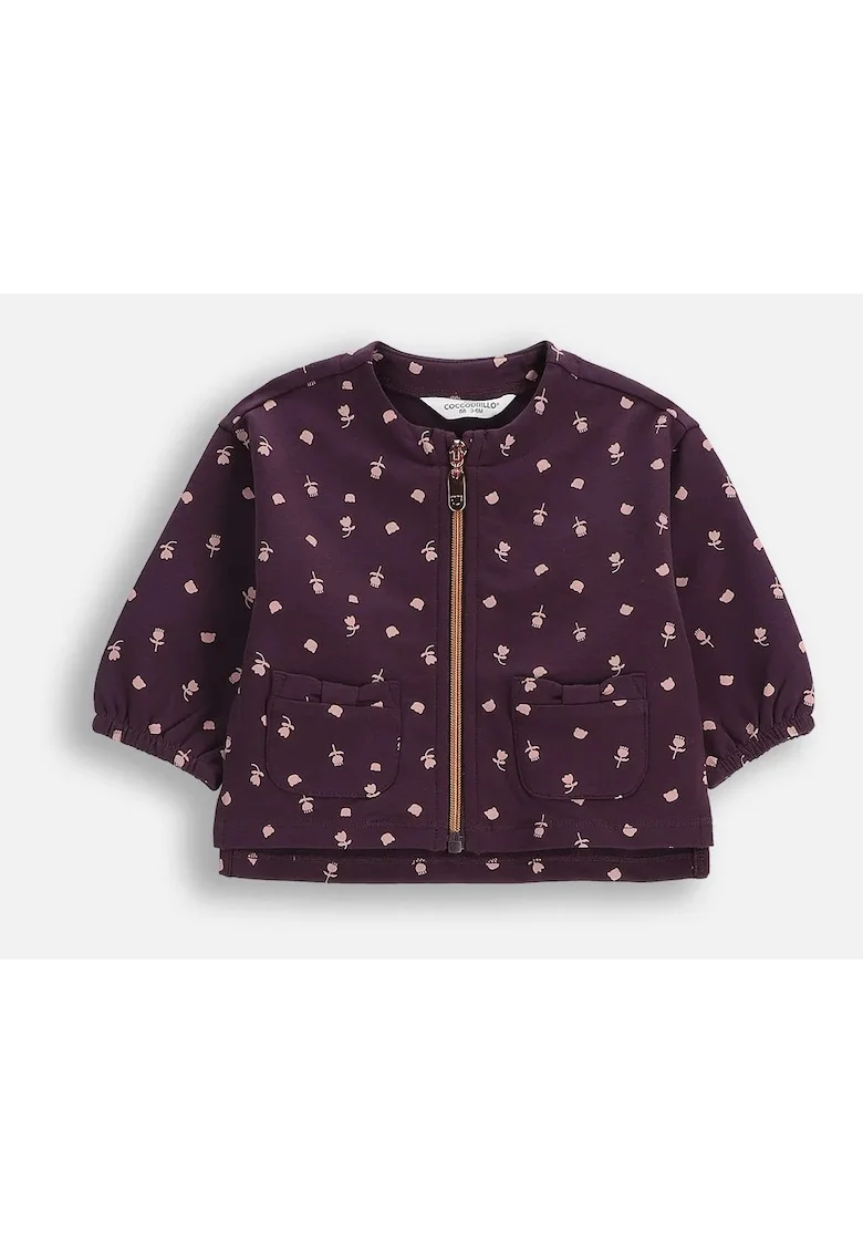 Bluza  pentru fete, violet, bumbac, cu motiv floral si volane, set cu buzunare