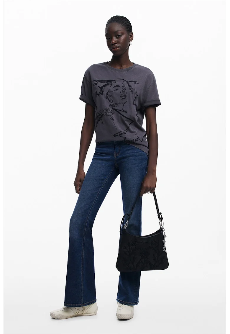 Tricou de bumbac cu imprimeu, Negru/Gri antracit
