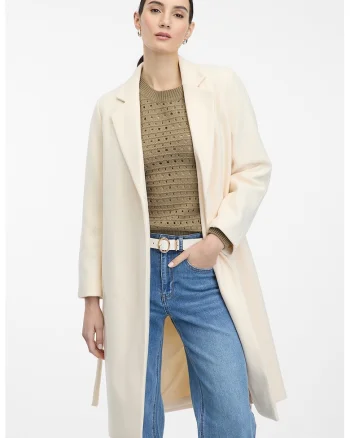 Palton cu model uni si cordon in talie, Bej deschis