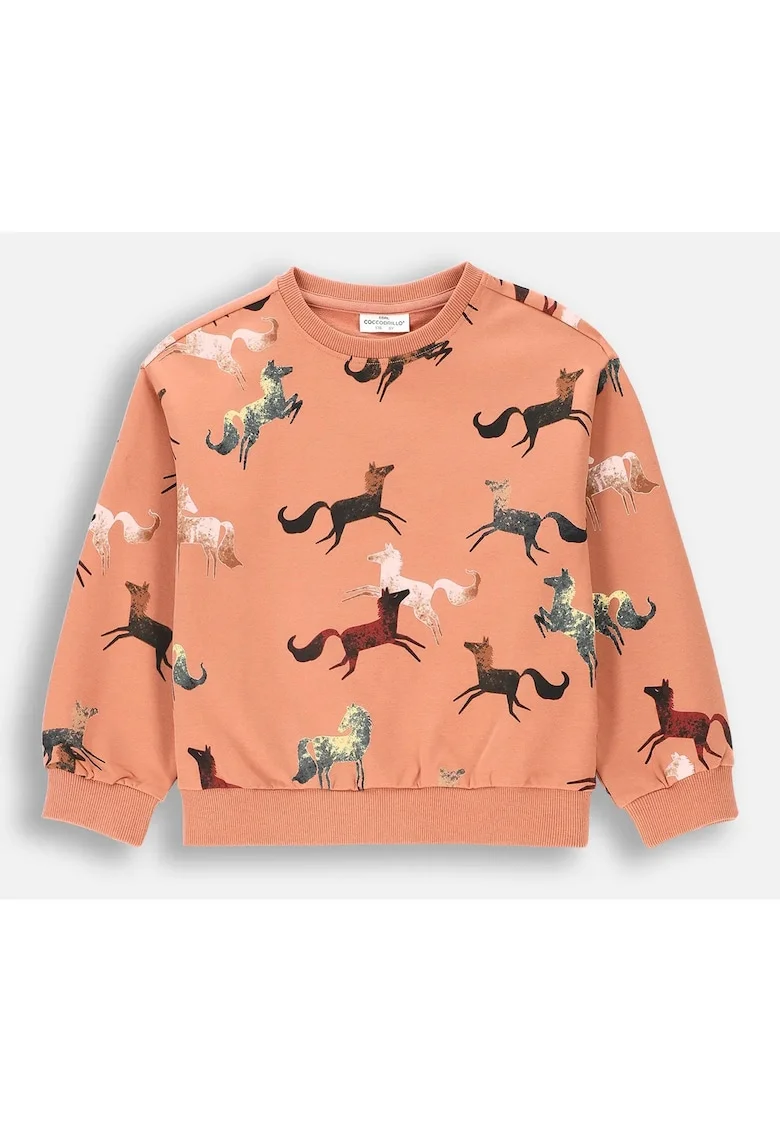 Bluza  Rodeo Girl Kids, imprimeu cai, rotond, bumbac, pentru fete