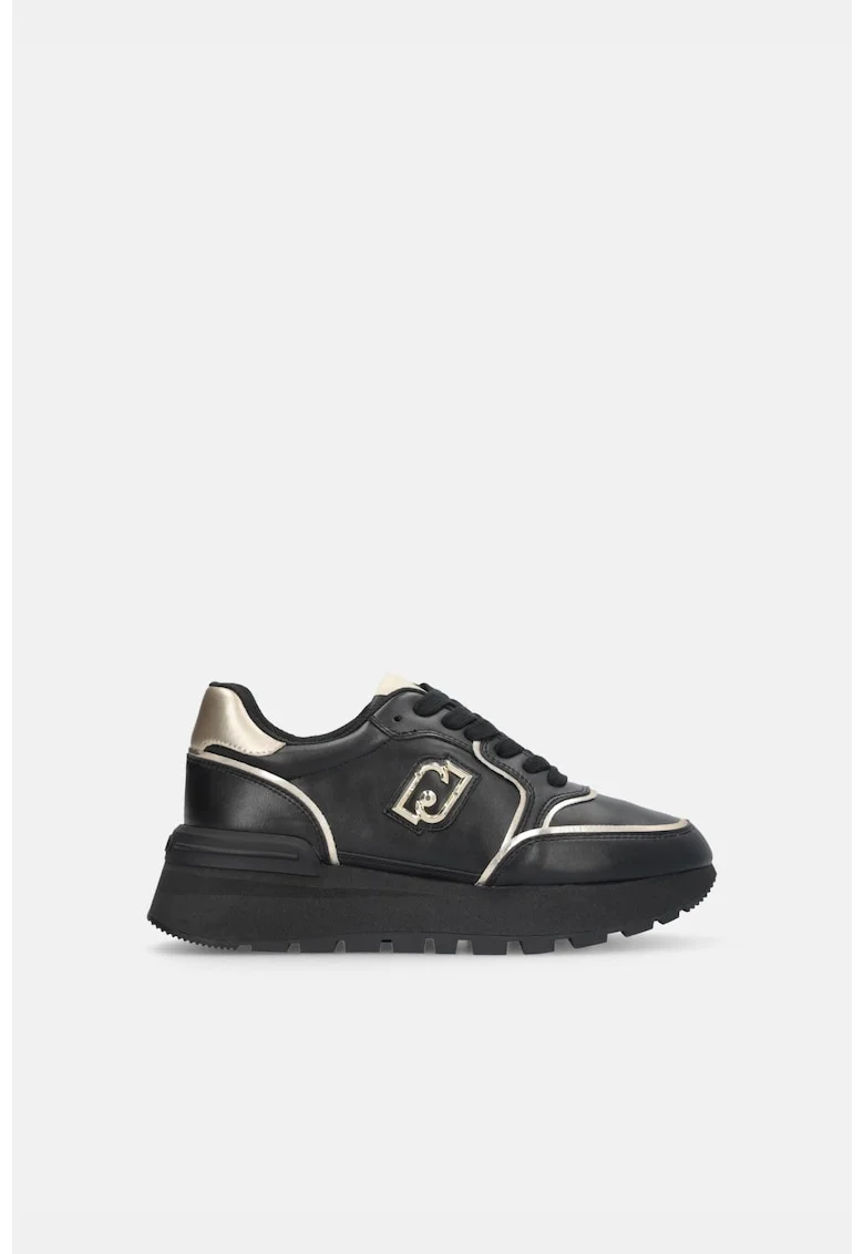 Pantofi sport flatform de piele cu accente metalizate, Auriu/Negru