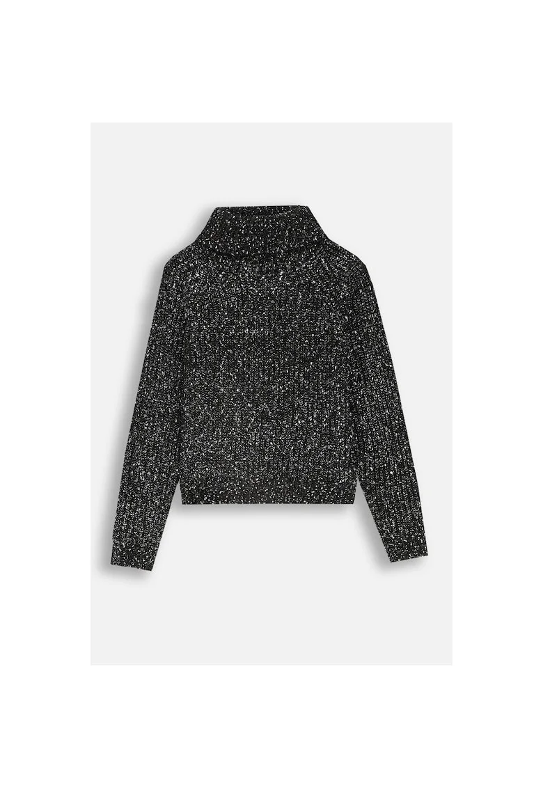 Pulover tricotat  pentru fete, guler inalt, maneci bufante, negru, poliester