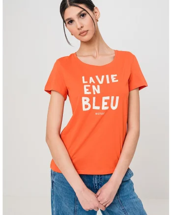 Tricou slim fit cu text, Alb/Portocaliu