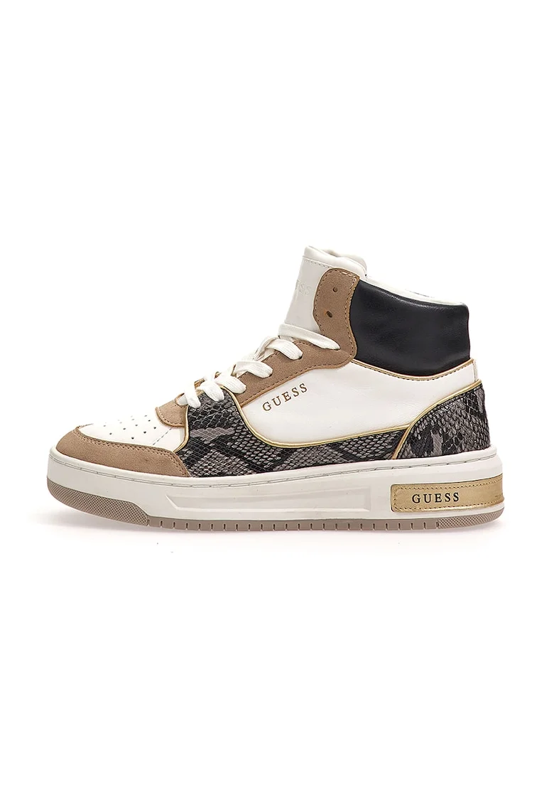 Pantofi sport mid-high de piele ecologica cu garnituri cu aspect de piele de sarpe, Alb/Caramel