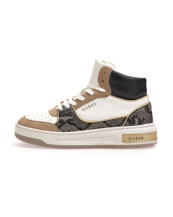 Pantofi sport mid-high de piele ecologica cu garnituri cu aspect de piele de sarpe, Alb/Caramel