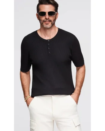 Tricou slim fit cu striatii si decolteu henley, Negru