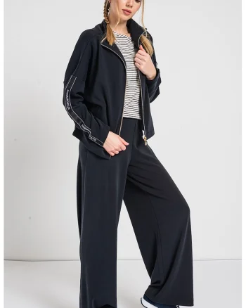 Bluza de trening din amestec de modal cu fermoar si benzi logo, Negru