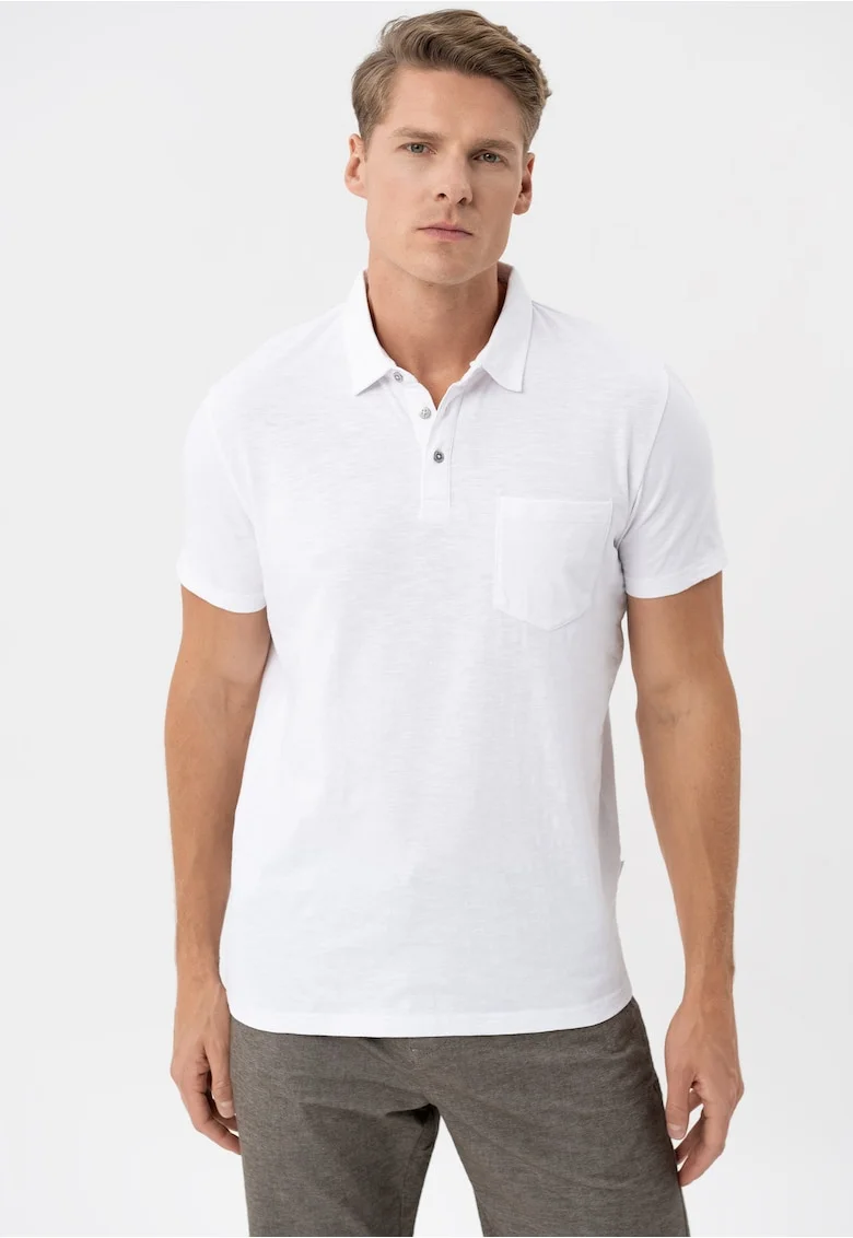 Tricou polo barbati din bumbac, cu buzunar pe piept, uni, Regular Fit,  o-Chili, alb, Alb
