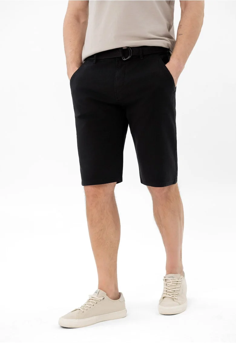 Pantaloni scurti chino barbati din bumbac, cu curea, buzunare, Regular Fit,  P-Oxy, negru, Negru