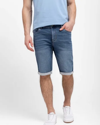 Blugi scurti cu mansete plisate, buzunare, Regular Fit, stone wash,  E-Mext, albastru inchis, Albastru inchis