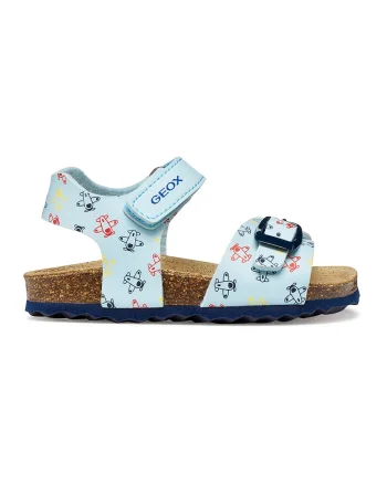 Sandale de piele ecologica cu velcro si model, Rosu vermillion/Albastru deschis