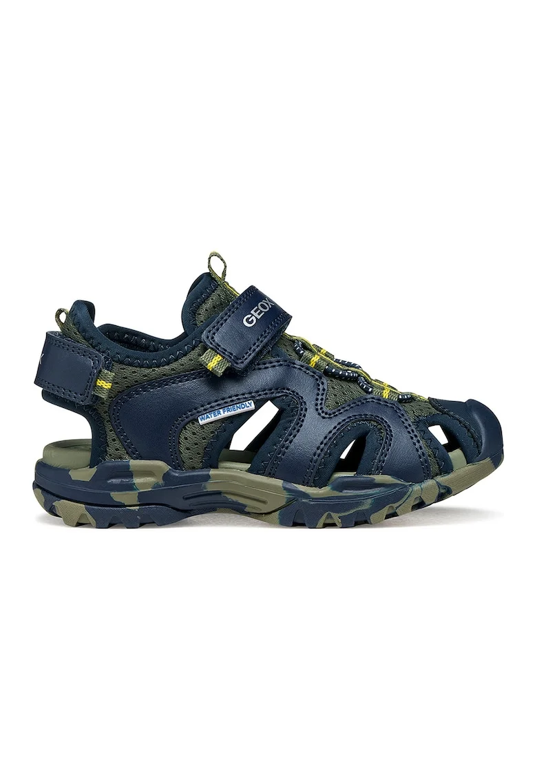 Sandale de piele ecologica si material textil cu banda velcro Borealis, Kaki/Bleumarin