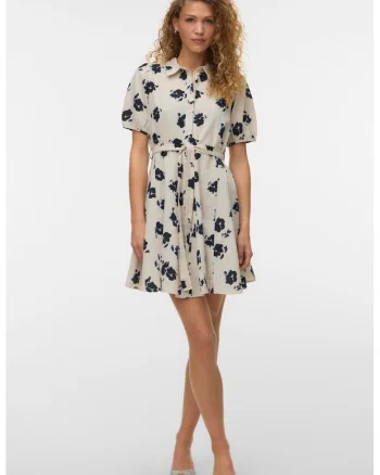 Rochie-camasa de bumbac organic cu cordon, Crem/Bleumarin