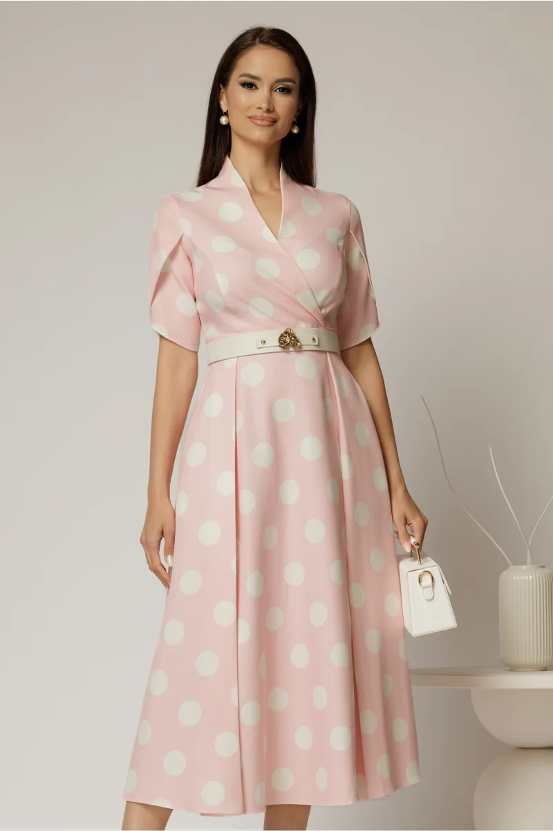 Rochie DY Fashion roz cu buline cu decolteu si maneci petrecute
