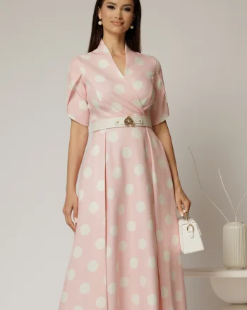 Rochie DY Fashion roz cu buline cu decolteu si maneci petrecute