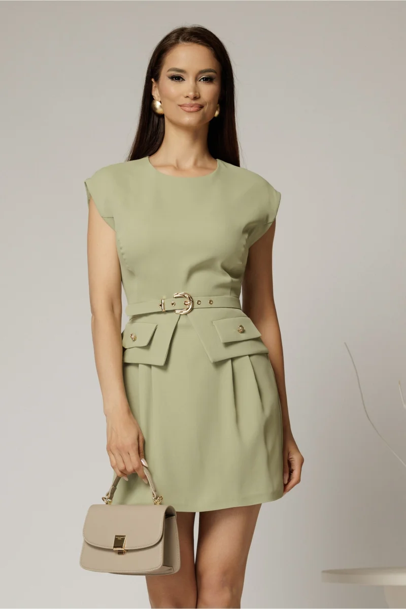Rochie DY Fashion kaki scurta cu peplum si curea in talie