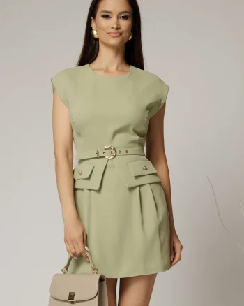 Rochie DY Fashion kaki scurta cu peplum si curea in talie