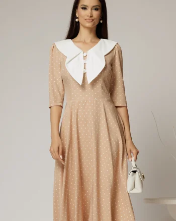 Rochie midi bej cu buline si guler amplu croi clos