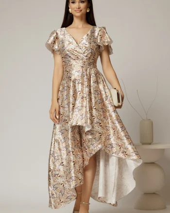 Rochie asimetrica din satin cu imprimeuri bej si decolteu petrecut
