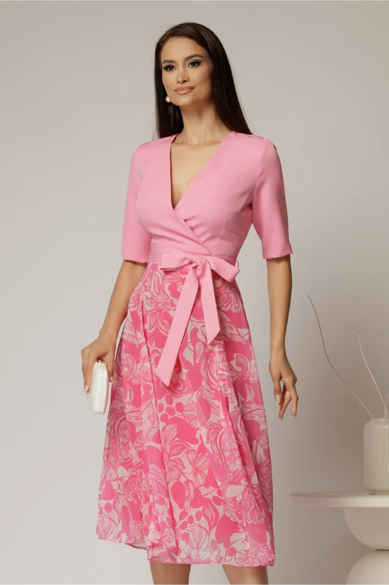 Rochie DY Fashion office din stofa si voal roz cu imprimeu pe fusta
