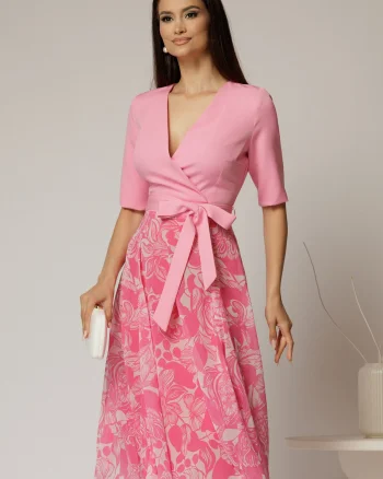 Rochie DY Fashion office din stofa si voal roz cu imprimeu pe fusta