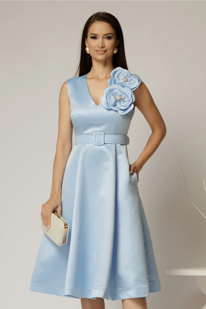 Rochie DY Fashion din tafta bleu cu floare ampla cu perla pe umar