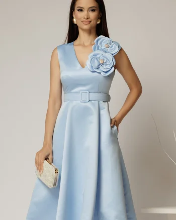 Rochie DY Fashion din tafta bleu cu floare ampla cu perla pe umar