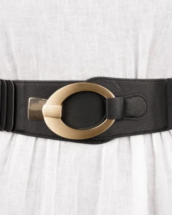 Curea elastica cu solzi din piele ecologica neagra de 6 cm latime cu catarama ovala aurie