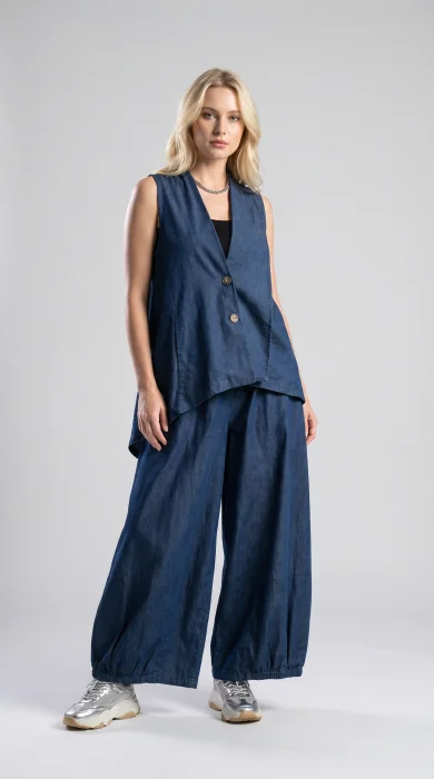Pantaloni palazzo din denim subtire cu croi amplu, bleumarin