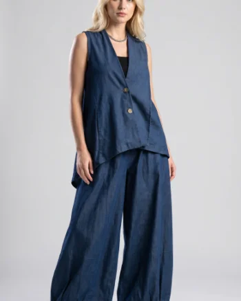Pantaloni palazzo din denim subtire cu croi amplu, bleumarin