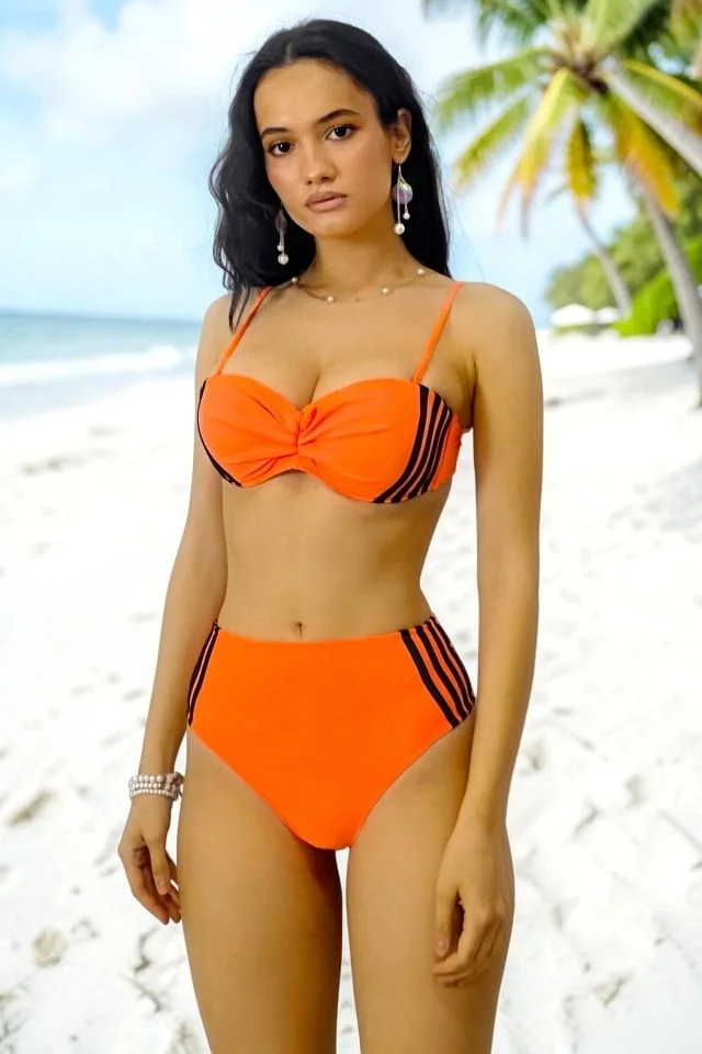 Costum baie doua piese BeLLaSun, cu linie sport si sutien cu push up, Portocaliu
