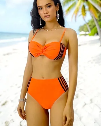 Costum baie doua piese BeLLaSun, cu linie sport si sutien cu push up, Portocaliu