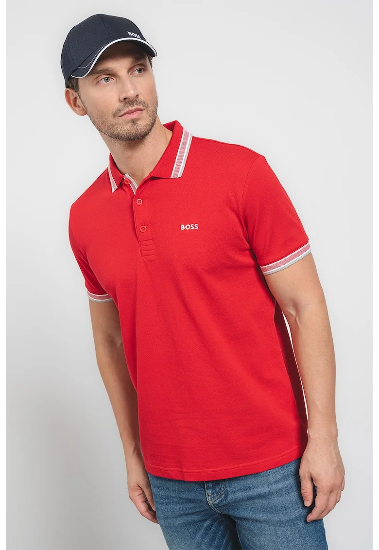 Tricou polo regular fit din bumbac pique cu margini contrastante Paddy, Rosu vermillion