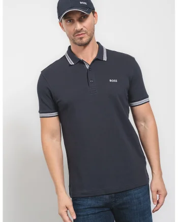 Tricou polo regular fit din bumbac pique cu margini contrastante Paddy, Bleumarin
