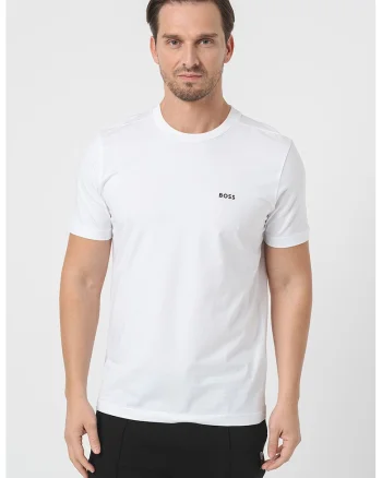 Tricou cu logo discret si decolteu la baza gatului, Negru/Alb optic
